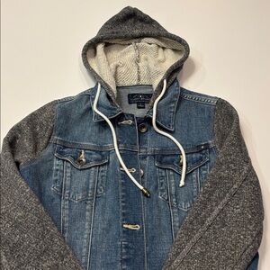 Lucky Brand Blue Denim Jacket with Sweatshirt Gray Sleeves and hood